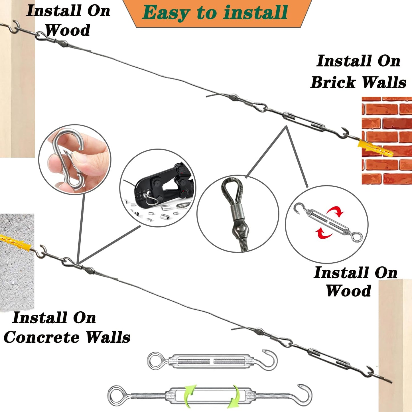 1/8" Stainless Steel Cable,100ft Wire Rope Kit Turnbuckles for Cables Wire, 7x7 Strand Core 3/32" Overmolded to 1/8" Metal Cable for Outdoor Hanging Kit,Garden Fence,Decor, Plant Hanger