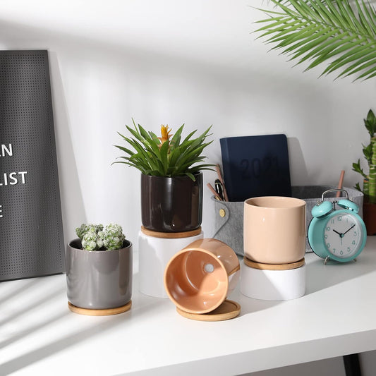 OMAYKEY 4 Inch Ceramic Plant Pot with Saucer, Multicolor Bright Glazed Planters Pots with Drainage Hole and Mesh Pads for Succulent, Indoor Flowers, Snake Plants, Cactus, Herbs, Set of 4