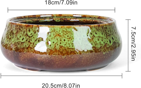 ARTKETTY Succulent Pots - 8 Inch Plant Pot, Large Bonsai Pots with Drainage, Ceramic Planters for Indoor Outdoor Plants, Round Shallow Cactus Flower Plant Container Bowl Decorative Home Garden