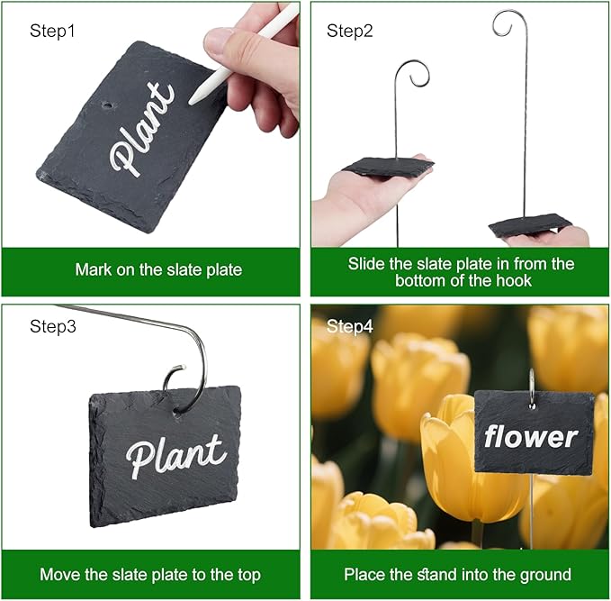 25 Pcs Plant Labels with Metal Stakes and Stone Chalks Reusable Hanging Slate Planter Markers Weatherproof Garden Tags for Seedlings Vegetable Flower Pot