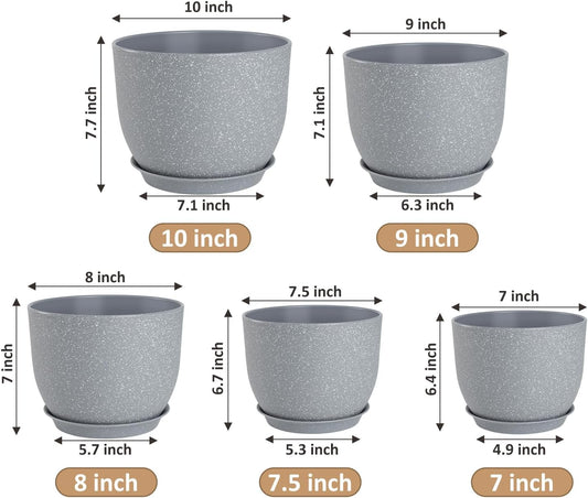Plant Pots 10/9/8/7.5/7 inch Flower Pots with Multi Mesh Drainage Holes, Planters for Indoor Outdoor Garden Plants and Flowers. (Gray)