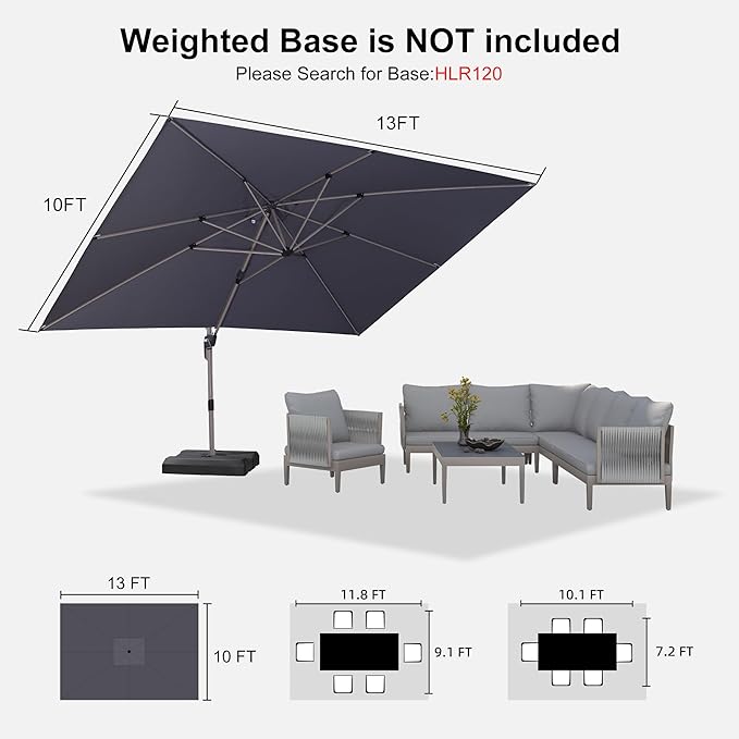 PURPLE LEAF 10' X 13' Patio Umbrella, Rectangle Outdoor Cantilever Umbrella, Aluminum Offset Umbrella with Champagne Frame and 360° Rotation for Pool Deck Garden, Light Grey