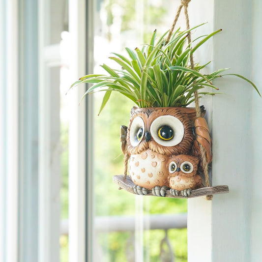 Swing Owl Hanging Planters for Indoor Plants, Cute Small Succulent Pots with Drainage Hole, Unique Resin Plant Hangers Outdoor, Hanging Plant Holder for String Of Pearls, Gift Ideas for Mother