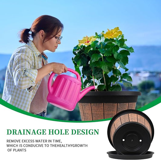 Quarut Large 4 Pack 16 inch Plant Pots,Whiskey Barrel Planters with Drainage Holes & Saucer,Plastic Decoration Flower Pots Retro Design,Planters for Outdoor Indoor Garden Balcony Plants (Brown)