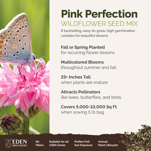 Eden Brothers Pink Perfection Flower Mixed Seeds for Planting, 5 lb, 2,400,000+ Seeds with Zinnia, Cosmos Versailles | Attracts Pollinators, Plant in Spring or Fall, Zones 3, 4, 5, 6, 7, 8, 9, 10