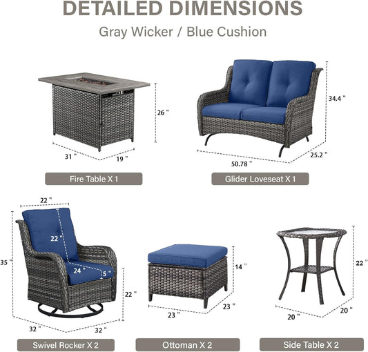 8 Piece Outdoor Patio Furniture Set - 41" CSA Propane Fire Pit Table Patio Conversation Set with Swivel Rocker Outdoor Chairs, Wicker loveseat and Ottoman for Outside Casual Gathering