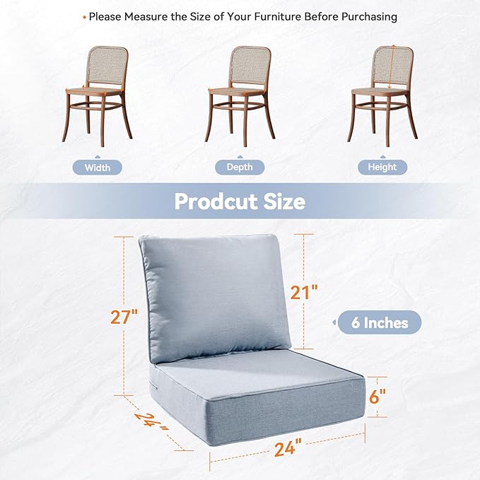 Luxury 6" Outdoor Cushions for Patio Furniture, 24x24x6" Thick Seat Cushion Set of 7, Fade Resistant Couch Chair Replacement Cushions High Density Wicker Chair Cushion w/ Removable Cover Baby Blue