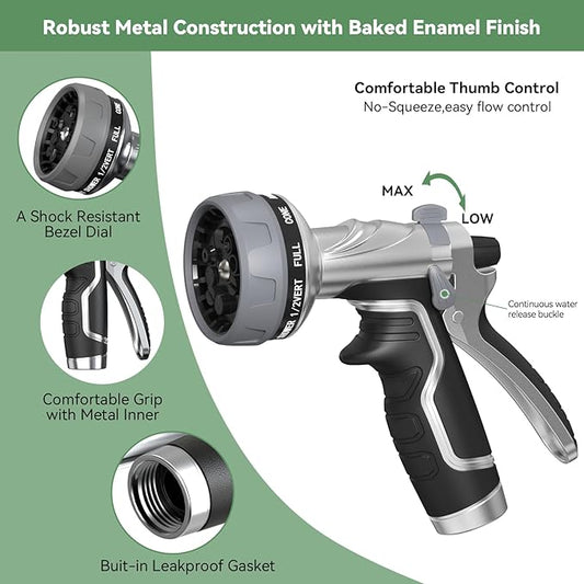 Garden Hose Nozzle, Heavy Duty Metal Water Hose Nozzle with 8 Adjustable Spray Patterns, High Pressure Hand Sprayer with Flow Control for for Garden Watering, Car & Pet Washing