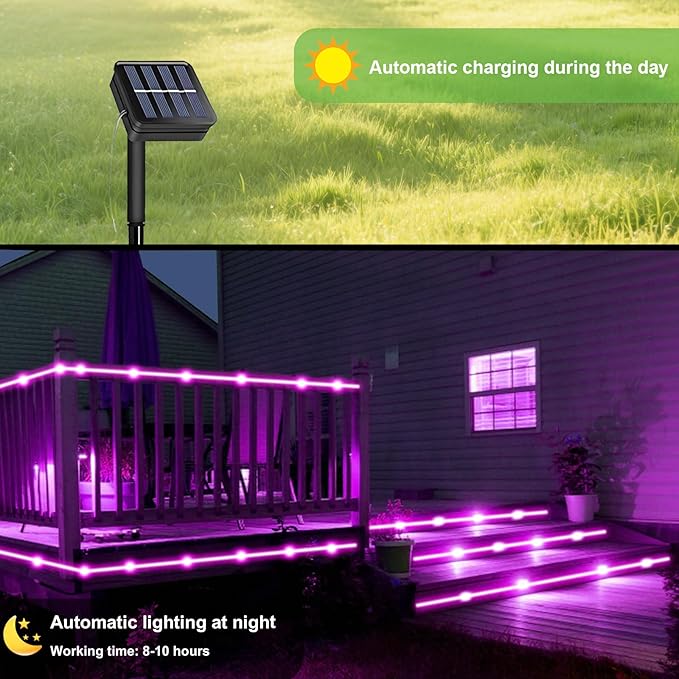 Purple Solar Rope Lights for Outside - 100 LED 33FT Solar Powered Halloween String Lights with 8 Lighting Modes, Halloween Decoration Outdoor, Waterproof Tube Light for Garden Yard Party Tree Decor