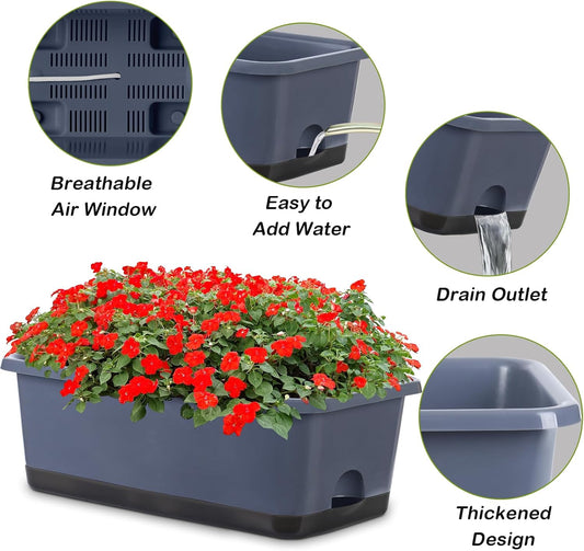 Window Box Planter 8 Pcs, 17 Inches Rectangle Flower Pots with Drainage Holes and Trays, Vegetable Planters for Windowsill Patio Garden Balcony Home Porch Yard Indoor Outdoor (Grey)