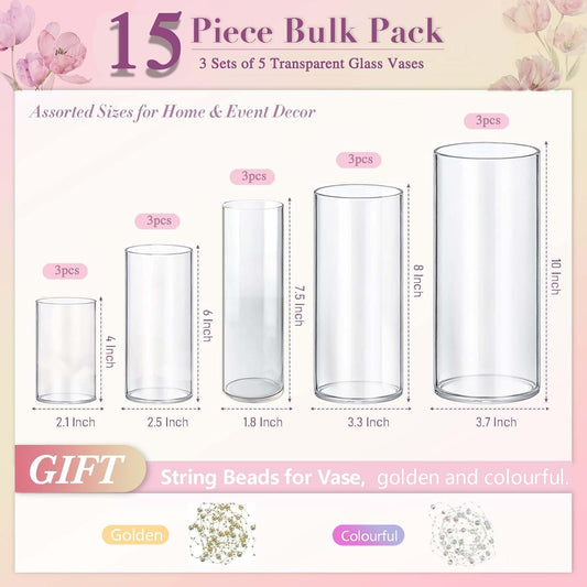 15pcs Cylinder Vases for Centerpieces Small Flower Glass Vases Clear Vase Home Decor Centerpiece Table Flower Vase Decorations for Wedding Decoration&Holiday Mixed Sizes Tall