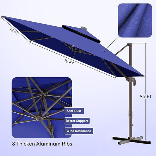 10x13 FT Patio Umbrella, Large Cantilever Rectangular Double Top Heavy Duty Offset Umbrellas with 360° Rotation, Outdoor shade for Garden Deck Pool Patio, Navy