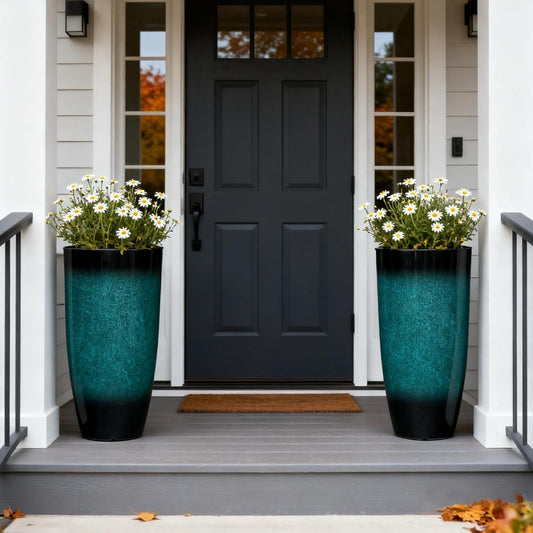 23.6" H Large Tall Outdoor Planters, Set of 2 Plastic Large Flower Pots for Outdoor Plants, with Gradient Turquoise Finish, Weather-Resistant for Porch, Garden, Patio or Indoor Use