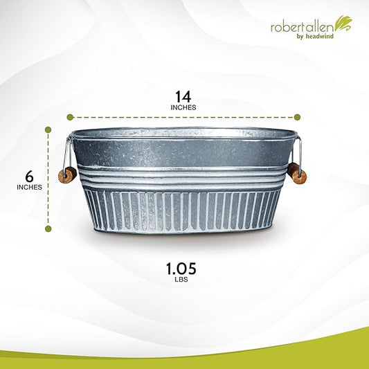 Headwind Vintage Collection 14-Inch Oval Galvanized Tub with Handles – Metal Wash Basin Planter - Galvanized Metal Tub for Indoor & Outdoor Use by Robert Allen