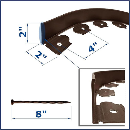 Landscape Edging 20ft Length No Digging Garden Edging Kit Include 18 Spikes, Premium Yard Edging Fence with One Spike per Feet, Brown