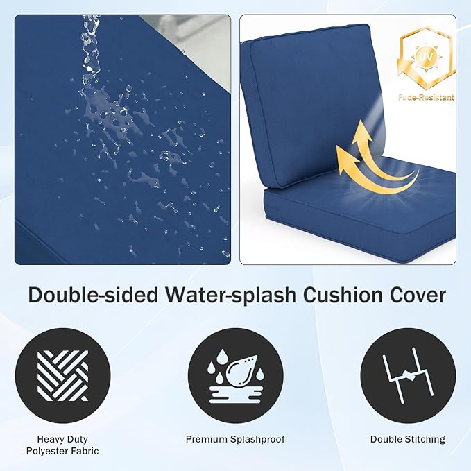 Outdoor Chair Cushions 23" x 24" x 4", Patio Deep Seat Replacement Cushions Set with Zippered Removable Cover, Weather-Resistant Olefin Fabric for Garden Chair Sofa Couch, Set of 2, Blue
