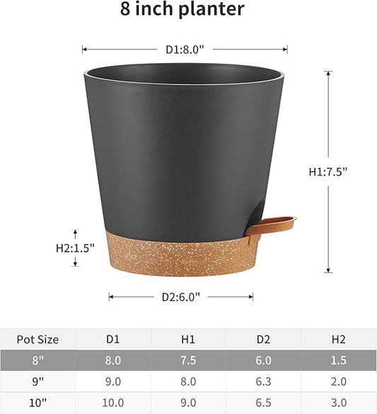 FaithLand 2-Pack 8 Inch Planter Pots for Indoor Outdoor Plants, Self Watering Flower Pots with Deep Reservoir, Black with Terracotta …