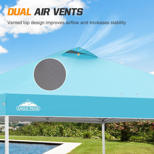 EAGLE PEAK Pop Up Canopy Tent with Wheeled Carry Bag, 8 Stakes, 4 Ropes, 4 Weight Bags, Easy Set Up Tent Canopy, 10x10 ft, 100sqft of Shade, Light Blue
