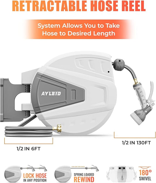 Ayleid Retractable Garden Hose Reel,1/2 in x 130 ft Wall Mounted Hose Reel, with 9- Function Sprayer Nozzle, Any Length Lock/Slow Return System/Wall Mounted/180°Swivel Bracket (Grey)