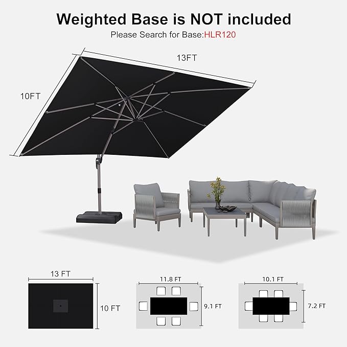 PURPLE LEAF 10' X 13' Patio Umbrella, Rectangle Outdoor Cantilever Umbrella, Aluminum Offset Umbrella with Champagne Frame and 360° Rotation for Pool Deck Garden, Black