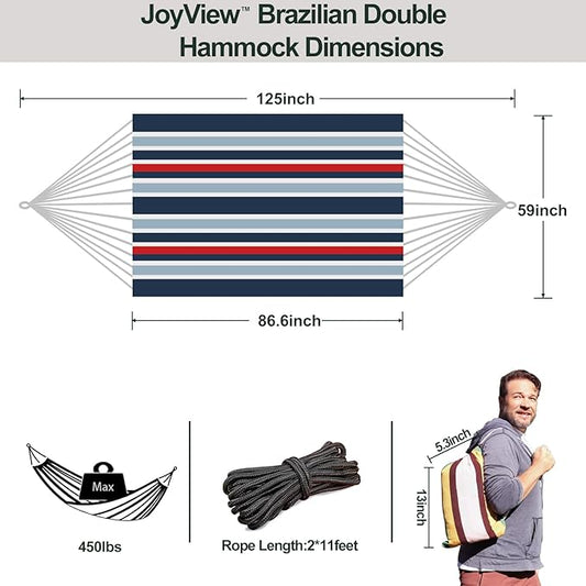 JoyView Brazilian Double Hammock with Hanging Ropes Extra Large 86.6x59” Portable Cotton Hammock for Patio Backyard Porch 450LBS Weight Capacity Perfect for Outdoor/Indoor - Black/Red Stripe
