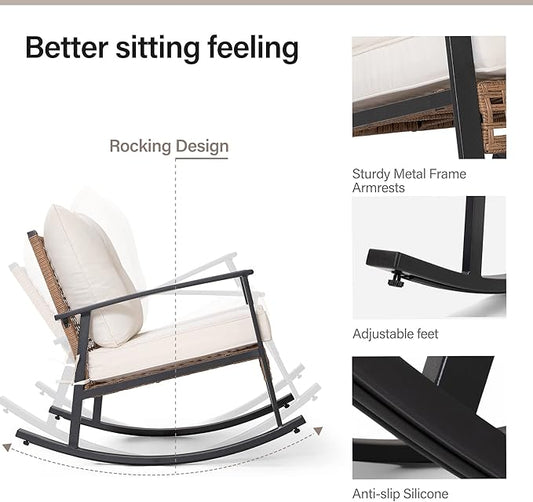 LAUSAINT HOME 3-Piece Rocking Bistro Set, Outdoor Patio Furniture with Thick Cushions and 2-Tier Coffee Table, Oversize Rattan Conversation Set for Garden, Balcony, Backyard (Beige)