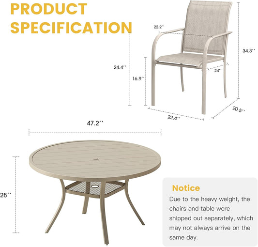 VICLLAX 7 Pieces Patio Dining Set, Outdoor Furniture Set Includes 47.2" Round Patio Table and 6 Patio Sling Chairs, Sandshell Color Tabletop and Fabric