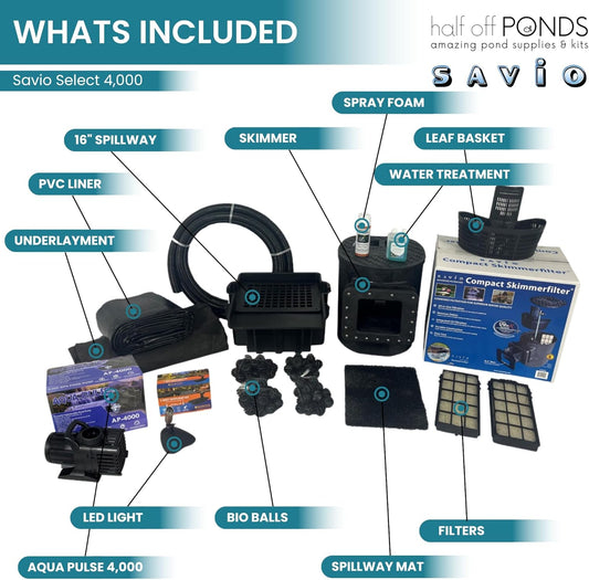 HALF OFF PONDS Savio Select 4,000 GPH Submersible Pump Pond Kit with 15' x 20' PVC Plastic Pond Liner for Water Garden & Koi Pond