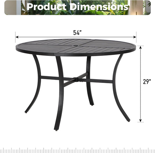 Outdoor Patio Round Dining Table, 54"x 54" Metal Slatted Round Tabletop with Adjustable Umbrella Hole for Deck Lawn Garden Backyard, Black