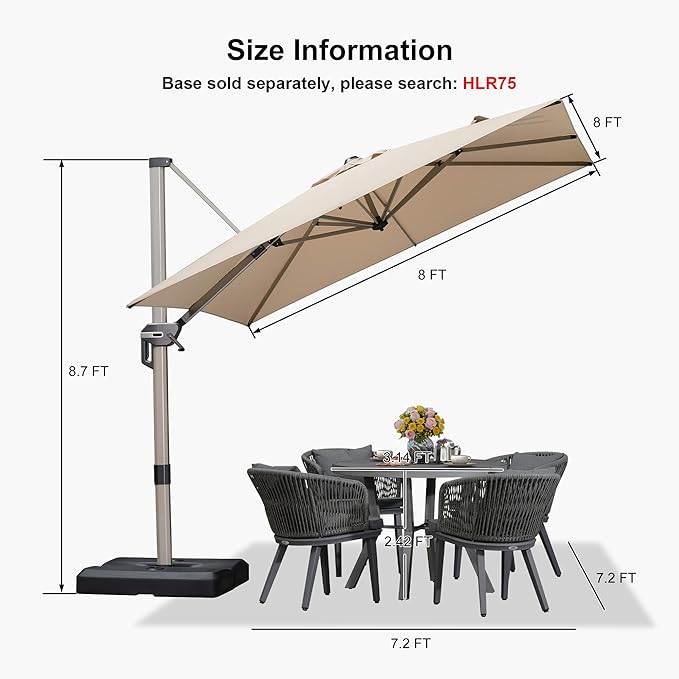 PURPLE LEAF 8’ X 8‘ Patio Umbrella Outdoor Cantilever Umbrella, Aluminum Offset Umbrella with Champagne Frame and 360° Rotation for Pool Deck Garden, Beige