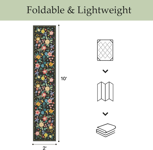 GENIMO Indoor Outdoor Area Rug 2' X 10' Waterproof, Washable Runner Rug Non Shedding, Easy Cleaning Floral Outdoor Carpet for Patio, Living Room, Bedroom, Entryway, Porch, Dining Room, Black