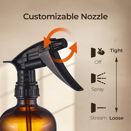 SOUL ONE 16 oz Refillable Amber Glass Spray Bottles with Adjustable Nozzles- 2 pack, Squirt Bottles for Cleaning Solutions, Essential Oils, Plants, Hair Misting - Ideal for Hydrogen Peroxide Storage