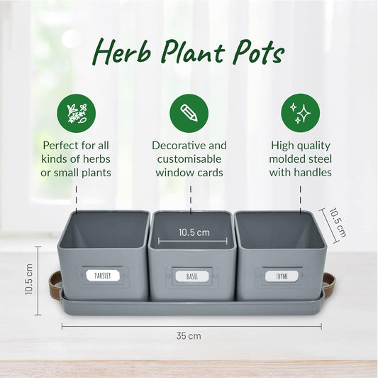 Herb Planter Indoor - Set of 3 Grey Indoor Herb Garden Pots for Plants with Leather Handled Tray - Window Sill Plant Shelf - Herb Pots with Drainage Holes and Labels