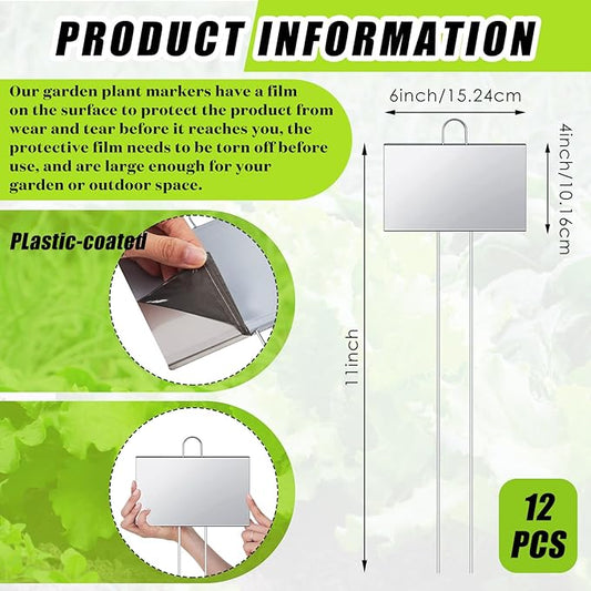 Landhoow 12 Pcs Large Garden Plant Markers Metal Plant Labels Sign 4'' x 6'' with 11'' Stake Weatherproof Waterproof Garden Sign for Outdoor Seedlings Herbs Vegetable Greenhouse, Sliver