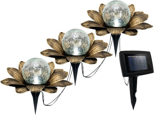LEWIS&WAYNE Solar Garden Lights Outdoor, 3 Pcs Coppery Lotus Flower Pathway Lamps with Cool White Crackle Glass Globe Led Lights for Patio Pathway Yard Balcony Garden Decorations