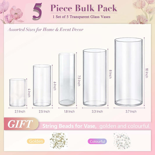 5pcs Glass Vase Cylinder Vases for Centerpieces Small Flower Glass Clear Vases Home Decor Centerpiece Table Flower Vase Decorations for Wedding Decoration&Holiday Mixed Sizes Tall