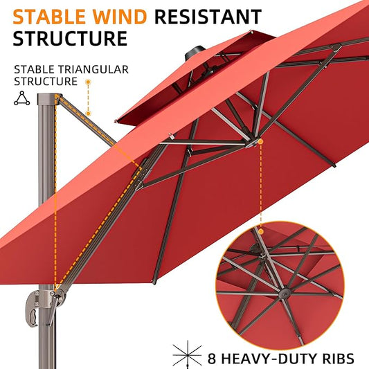10' X 13' Outdoor Patio Umbrella Large Rectangle Cantilever Umbrella Heavy Duty 360°Rotation Offset Umbrella for Garden Deck Pool Patio,Red