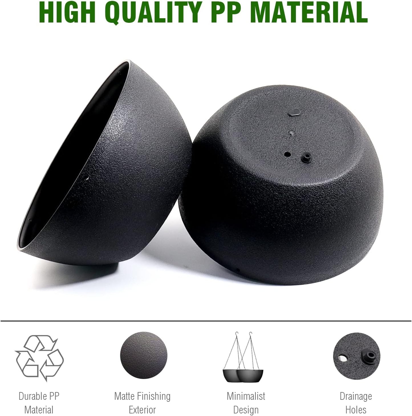 WOUSIWER 13 inch 2Pack Large Hanging Planters for Outdoor Indoor Plants with Drainage Holes and Chain, Round Hanging Flower Pots for Garden Home Porch Decor, Black