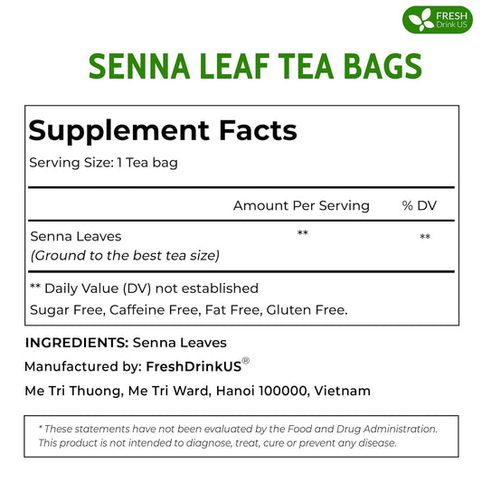 FreshDrinkUS, Premium 135 Senna Leaf Tea Bags for Constipation, Supports Your Cardiovascular System, 100% Natural & Pure. Loose Leaf Senna Herbal Tea, Made with Natural Material Tea Bags. Non GMO, No Sugar/ Caffeine/ Gluten, Vegan.