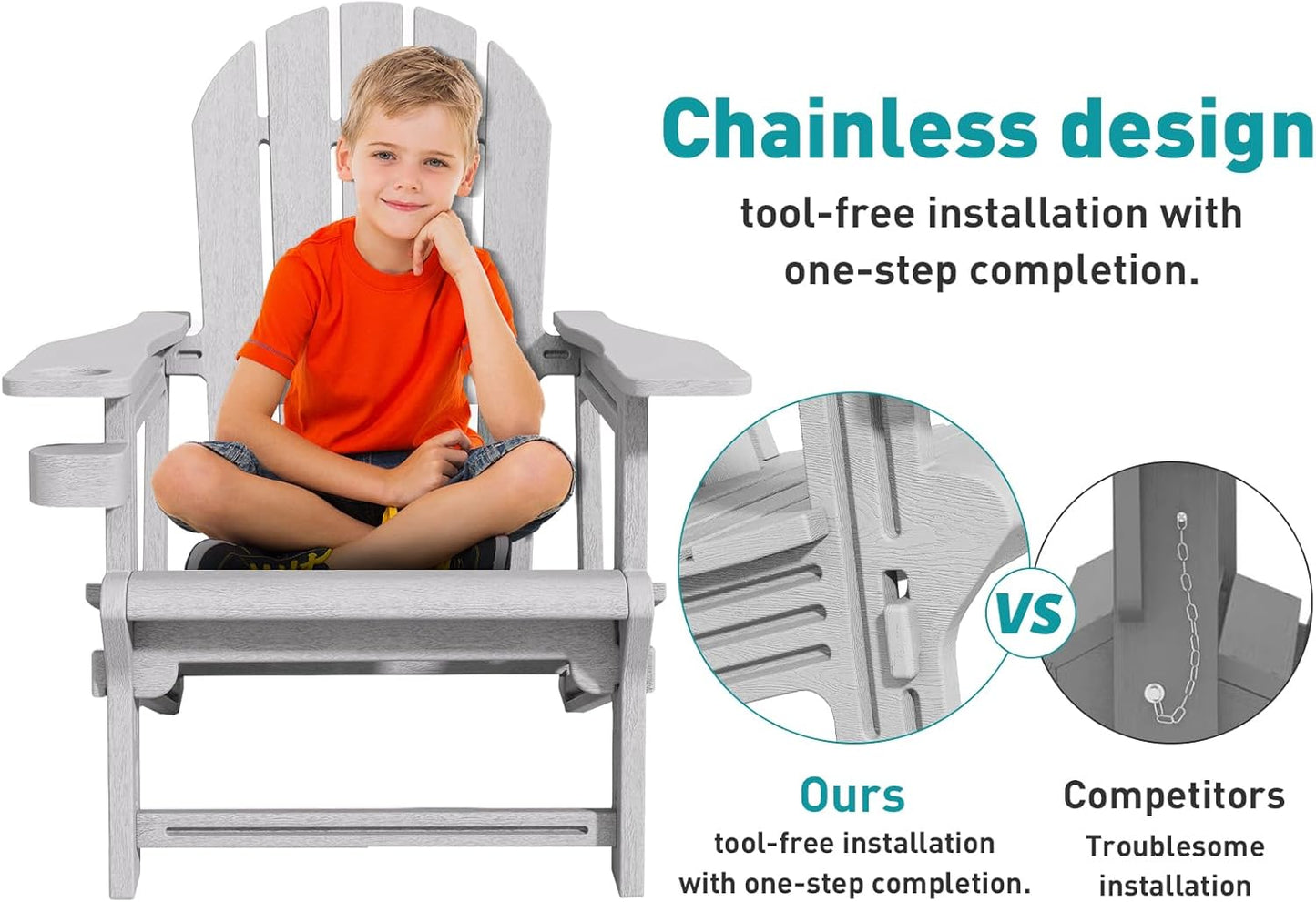 Adirondack Chair, Tool-Free Assembly All-Weather Adirondack Chairs, HDPE Fire Pit Chairs with Cup Holder, Outdoor Chair for Patio Garden (Grey)