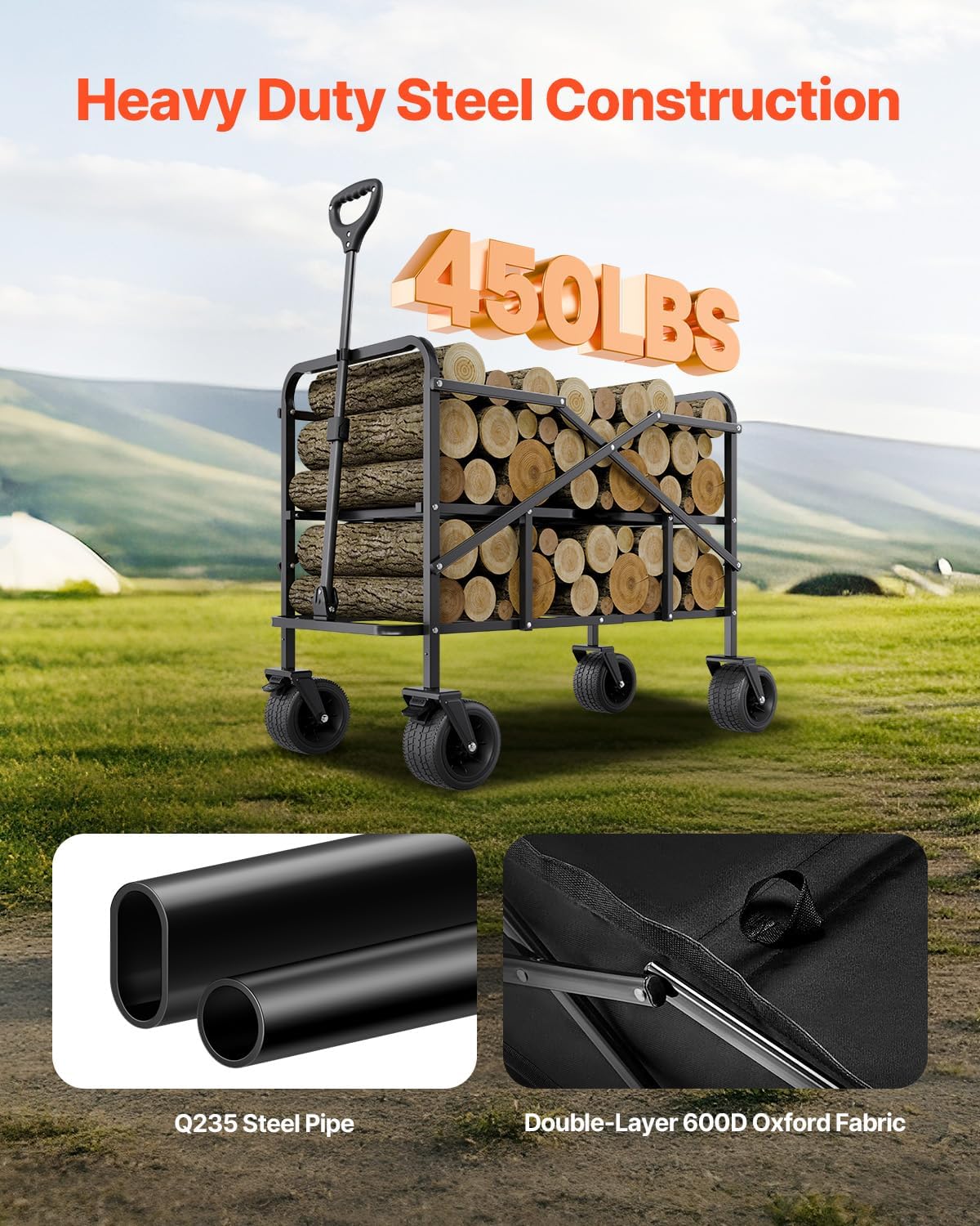 VEVOR 400L/450lbs Large Collapsible Double Decker Wagon, Foldable Heavy Duty Beach Wagon Cart with Big Wheels for Sand, Folding Utility Sports Cart for Camping Garden