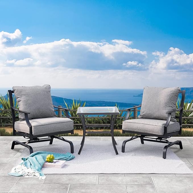 Grand patio Rocking Chairs Patio Chairs Bistro Sets Conversation Chair Indoor Outdoor Chat Set Motion Chair A Comfortable Shake of 5-10° Unique Design Patio Set with Grey Cushions 3-Piece