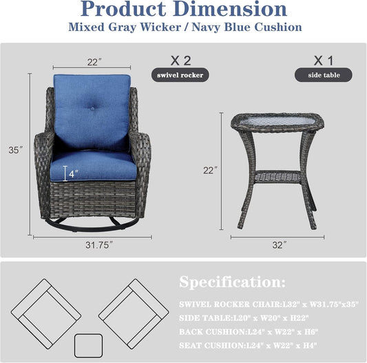 Patio Swivel Rocking Chairs - Outdoor Wicker Glider Swivel Rcoker, 3 Pieces Patio Wicker Furniture Sets for Porch Includes 2 Swivel Rocking Chair and 1 Side Table