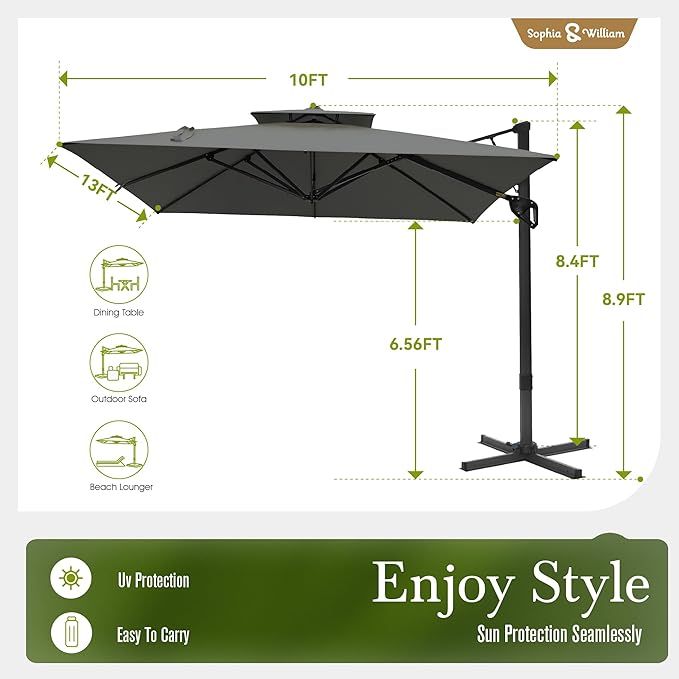 Sophia & William Cantilever Patio Umbrella 10'x 13', Hydraulic Lift Offset Large Outdoor Umbrellas, 2-Tier Hanging Umbrella with 360-degree Rotation, Grey(No Base)