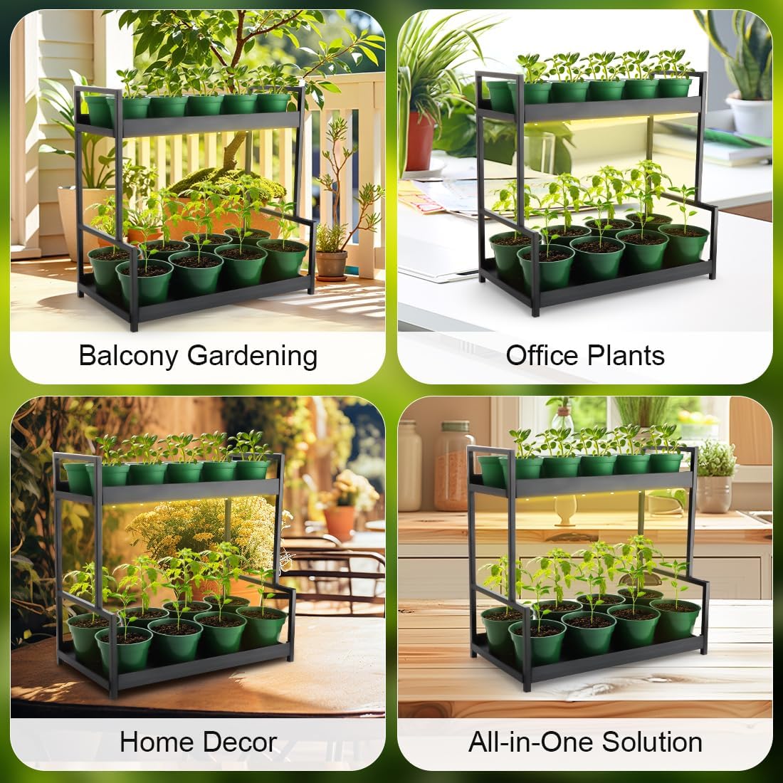 2-Pack Dual Tier Plant Stand with Grow Light and Green Plastic Nursery Pots for Plants, Indoor Gardening Kit for Herbs, Succulents, Seedlings & Small Plants Gardening Gifts