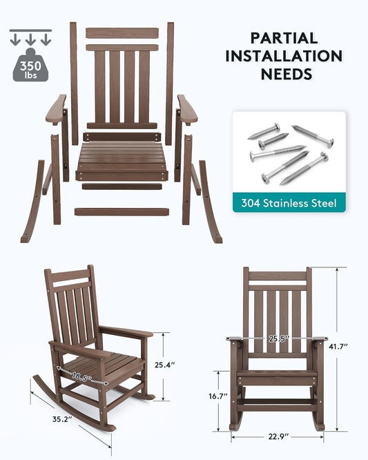 SERWALL Outdoor Rocking Chair Set of 4, HDPE Rocking Chairs for Adult, All Weather Porch Rockers for Lawn Garden, Brown
