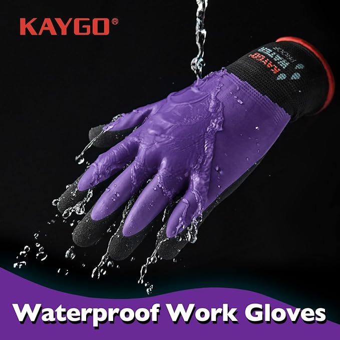 KAYGO Waterproof Work Gloves for Men and Women, Rubber Coated Non-slip Working Gloves for Garden, Outdoor Construction,KG150,Purple,XL