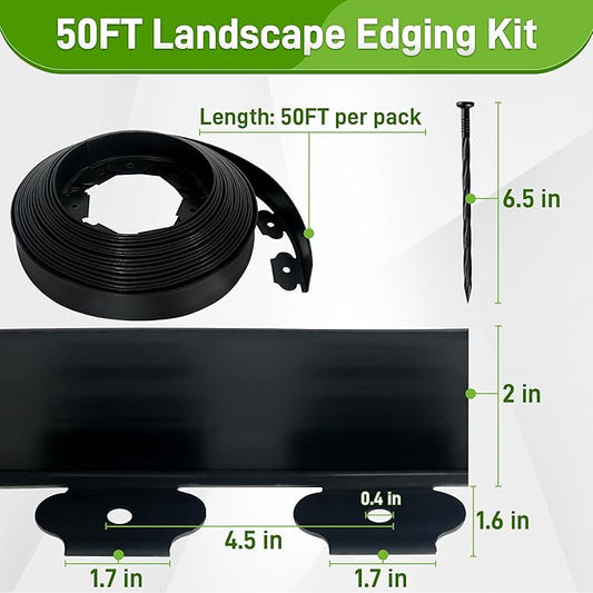 2 Inch x 50FT Landscape Edging Border with 45 Anchoring Spikes, No Dig Garden Border Edging Kit, Plastic Lawn Edging Border for Landscaping Garden Flower Beds Lawn Yard Paver Pathway, Black