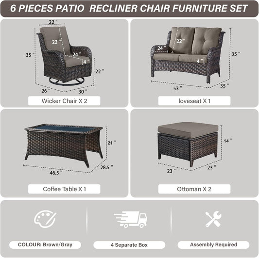 Wicker Outdoor Furniture Patio Furniture Set - 6 Piece Patio Conversation Set with Swivel Rocker Chairs, Loveseat Sofa, Ottomans and Coffee Table, Gray Cushion