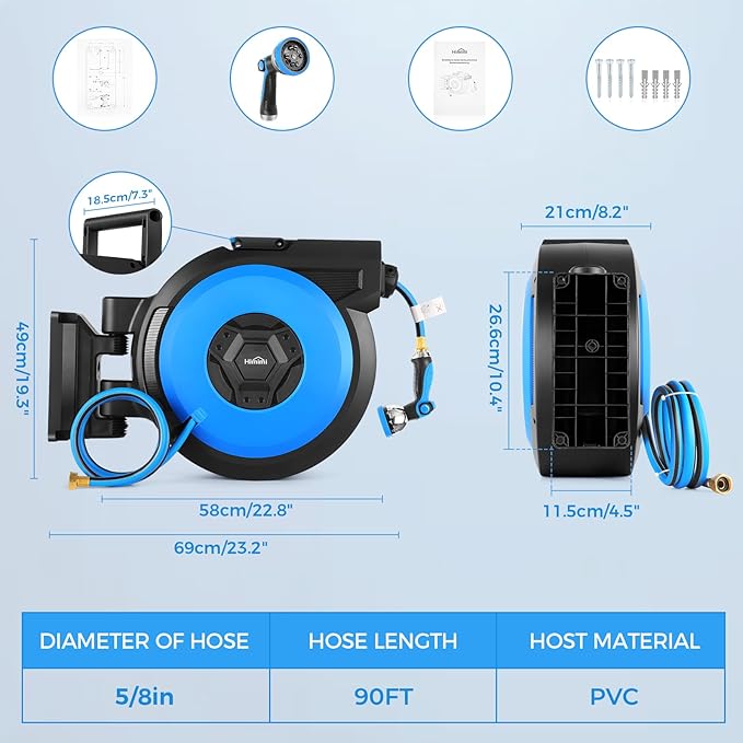 Retractable Garden Hose Reel, 5/8" x 90FT Automatic Retractable Water Hose Reel Wall Mount, with 10- Function Sprayer Nozzle, Any Length Lock/Auto Rewind/180°Swivel